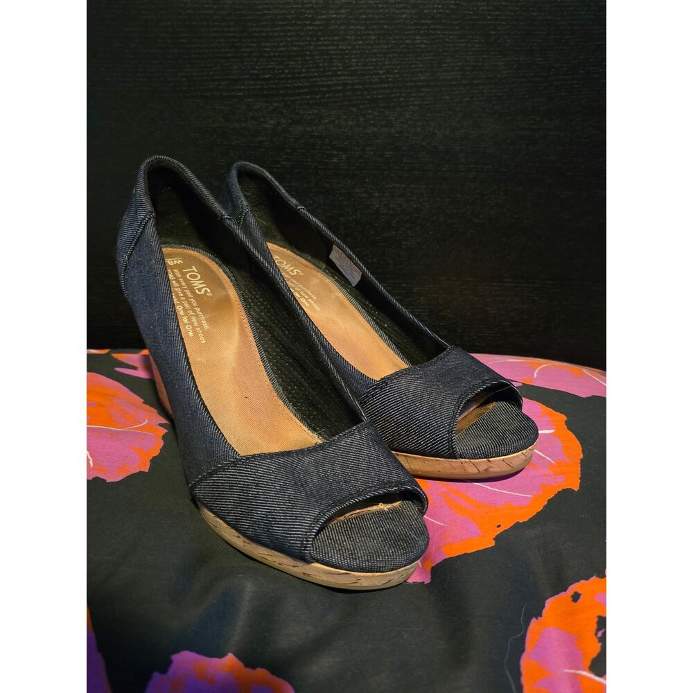 Toms Stella peep toe cork wedges black denim size 8.5‎
